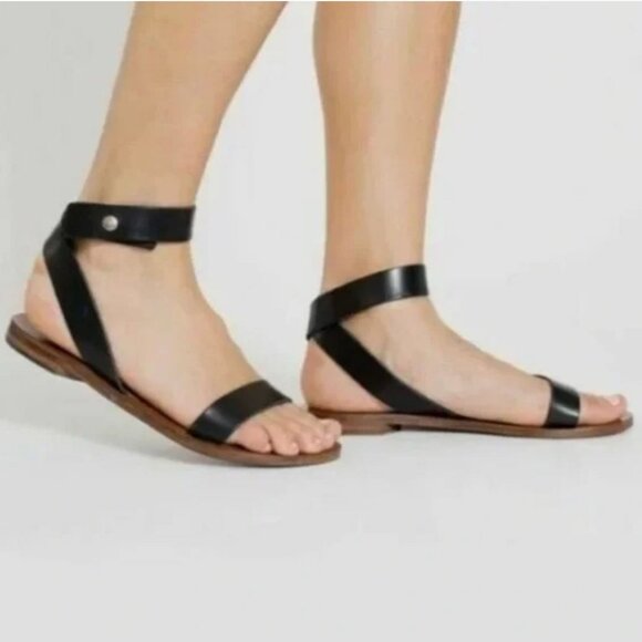 Everlane The Italian Ankle Wrap Sandal 8.5 Black Leather Flat Minimalist Strappy - Picture 1 of 8